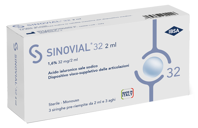 SIRINGA INTRA-ARTICOLARE SINOVIAL 32 ACIDO IALURONICO 1,6% 32 MG/2 ML 1 FS + AGO GAUGE 21 3 PEZZI - farmavitality.it