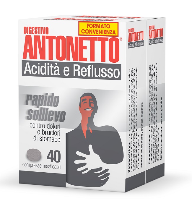 DIGESTIVO ANTONETTO ACIDITA' E REFLUSSO 80 COMPRESSE MASTICABILI 2 ASTUCCI DA 40 COMPRESSE - farmavitality.it