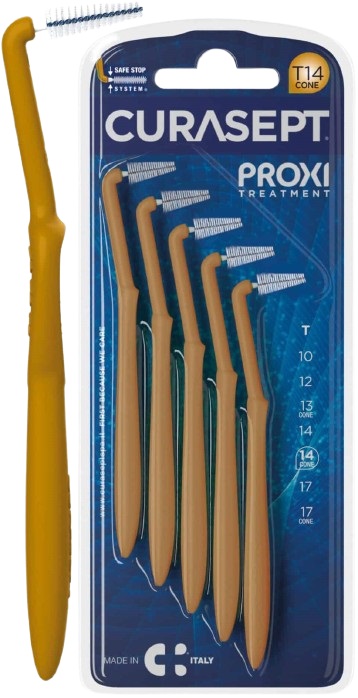 SCOVOLINO CURASEPT PROXI ANGLE MISURA T14 CONICO ISO 4 COLORE OCRA DIAMETRO 1,4 MM 5 PEZZI - farmavitality.it