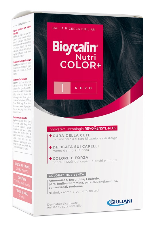 BIOSCALIN NUTRICOLOR PLUS 1 NERO CREMA COLORANTE 40 ML + RIVELATORE CREMA 60 ML + SHAMPOO 12 ML + TRATTAMENTO FINALE BALSAMO 12 ML - farmavitality.it