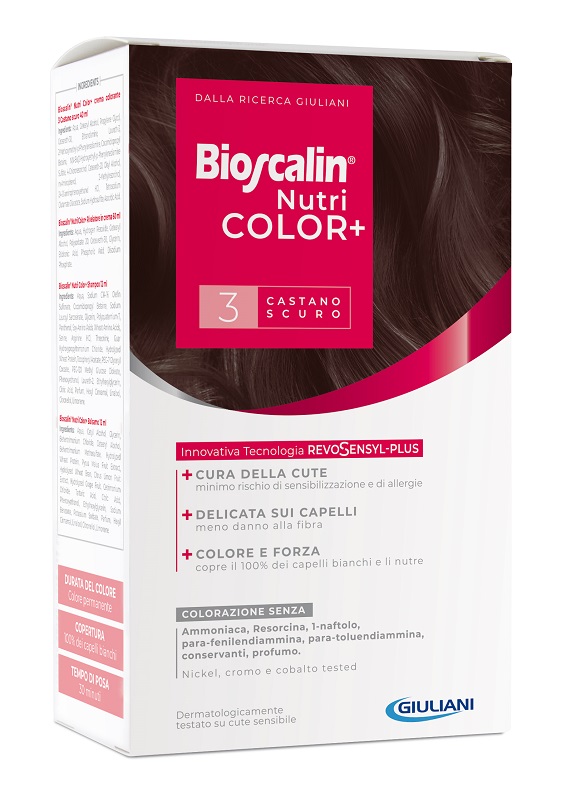 BIOSCALIN NUTRICOLOR PLUS 3 CASTANO SCURO CREMA COLORANTE 40 ML + RIVELATORE CREMA 60 ML + SHAMPOO 12 ML + TRATTAMENTO FINALE BALSAMO 12 ML - farmavitality.it