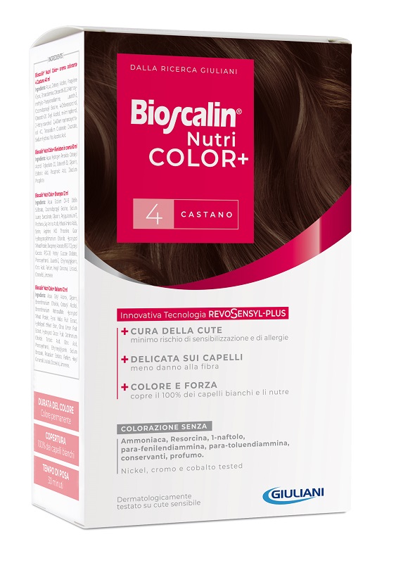 BIOSCALIN NUTRICOLOR PLUS 4 CASTANO CREMA COLORANTE 40 ML + RIVELATORE CREMA 60 ML + SHAMPOO 12 ML + TRATTAMENTO FINALE BALSAMO 12 ML - farmavitality.it