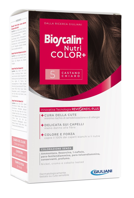 BIOSCALIN NUTRICOLOR PLUS 5 CASTANO CHIARO CREMA COLORANTE 40 ML + RIVELATORE CREMA 60 ML + SHAMPOO 12 ML + TRATTAMENTO FINALE BALSAMO 12 ML - farmavitality.it