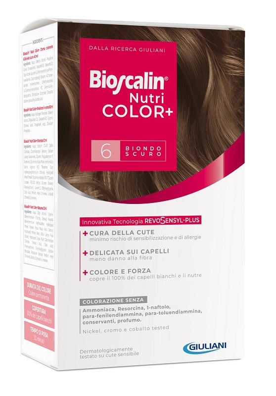 BIOSCALIN NUTRICOLOR PLUS 6 BIONDO SCURO CREMA COLORANTE 40 ML + RIVELATORE CREMA 60 ML + SHAMPOO 12 ML + TRATTAMENTO FINALE BALSAMO 12 ML - farmavitality.it