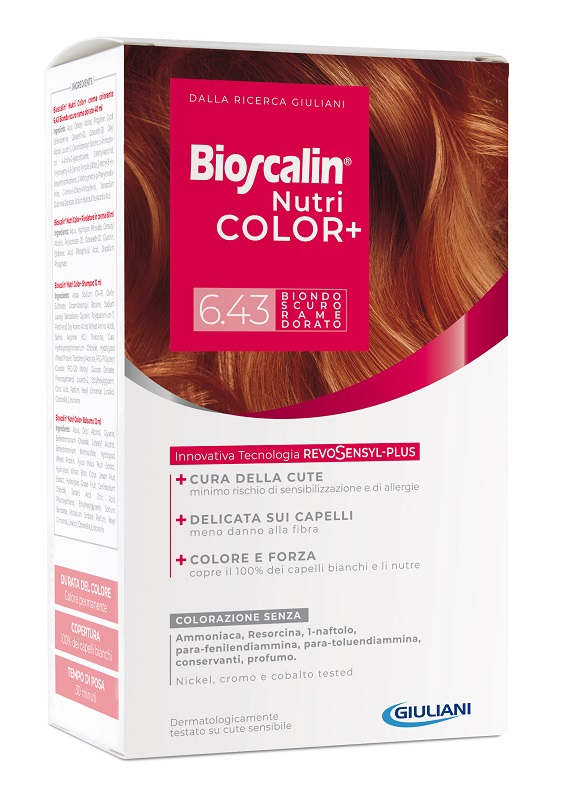 BIOSCALIN NUTRICOLOR PLUS 6,43 BIONDO SCURO RAME DORATO CREMA COLORANTE 40 ML + RIVELATORE CREMA 60 ML + SHAMPOO 12 ML + TRATTAMENTO FINALE BALSAMO 12 ML - farmavitality.it