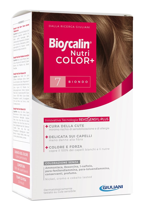 BIOSCALIN NUTRICOLOR PLUS 7 BIONDO CREMA COLORANTE 40 ML + RIVELATORE CREMA 60 ML + SHAMPOO 12 ML + TRATTAMENTO FINALE BALSAMO 12 ML - farmavitality.it