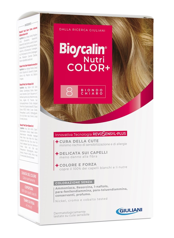 BIOSCALIN NUTRICOLOR PLUS 8 BIONDO CHIARO CREMA COLORANTE 40 ML + RIVELATORE CREMA 60 ML + SHAMPOO 12 ML + TRATTAMENTO FINALE BALSAMO 12 ML - farmavitality.it
