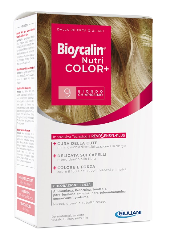 BIOSCALIN NUTRICOLOR PLUS 9 BIONDO CHIARISSIMO CREMA COLORANTE 40 ML + RIVELATORE CREMA 60 ML + SHAMPOO 12 ML + TRATTAMENTO FINALE BALSAMO 12 ML - farmavitality.it