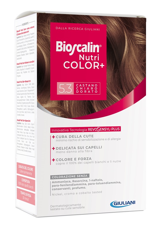 BIOSCALIN NUTRICOLOR PLUS 5,3 CASTANO CHIARO DORATO CREMA COLORANTE 40 ML + RIVELATORE CREMA 60 ML + SHAMPOO 12 ML + TRATTAMENTO FINALE BALSAMO 12 ML - farmavitality.it