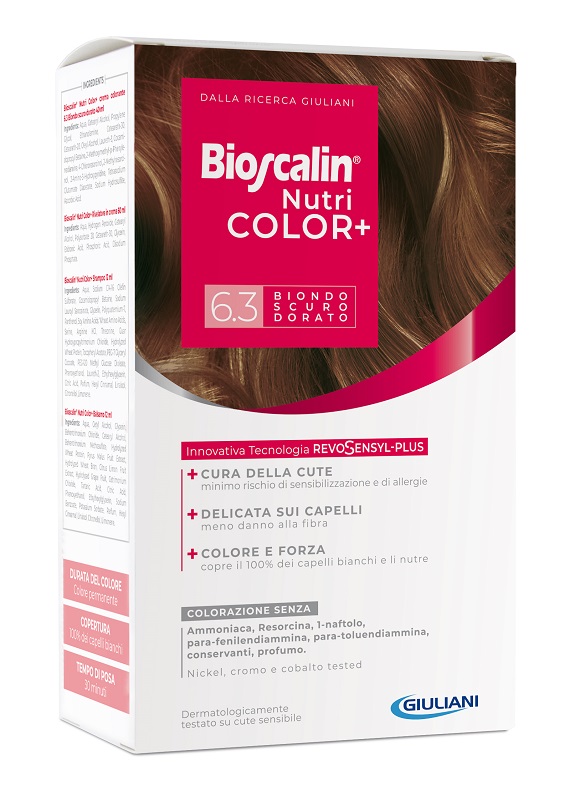 BIOSCALIN NUTRICOLOR PLUS 6,3 BIONDO SCURO DORATO CREMA COLORANTE 40 ML + RIVELATORE CREMA 60 ML + SHAMPOO 12 ML + TRATTAMENTO FINALE BALSAMO 12 ML - farmavitality.it