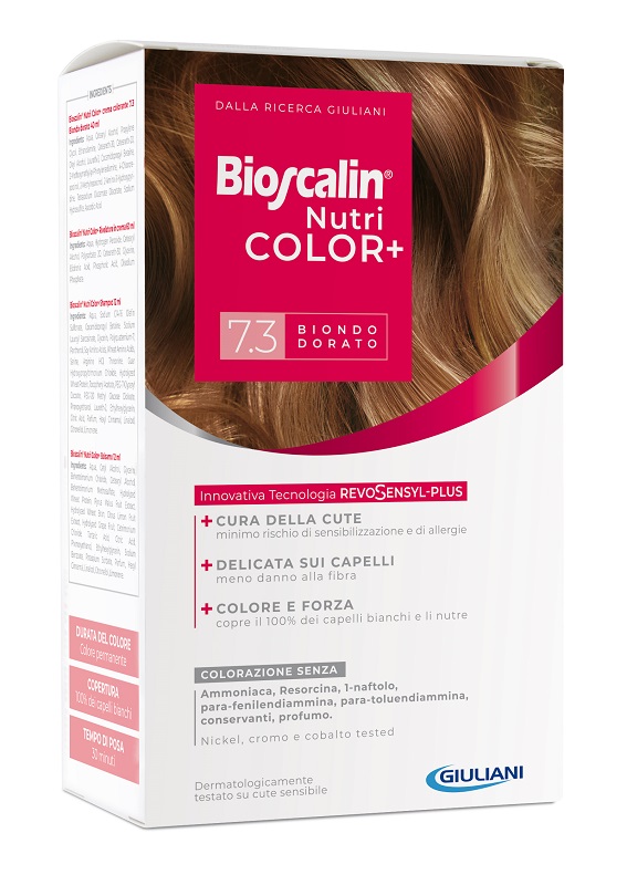BIOSCALIN NUTRICOLOR PLUS 7,3 BIONDO DORATO CREMA COLORANTE 40 ML + RIVELATORE CREMA 60 ML + SHAMPOO 12 ML + TRATTAMENTO FINALE BALSAMO 12 ML - farmavitality.it