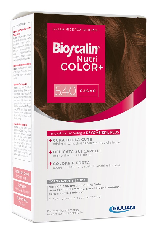 BIOSCALIN NUTRICOLOR PLUS 5,40 CACAO CREMA COLORANTE 40 ML + RIVELATORE CREMA 60 ML + SHAMPOO 12 ML + TRATTAMENTO FINALE BALSAMO 12 ML - farmavitality.it