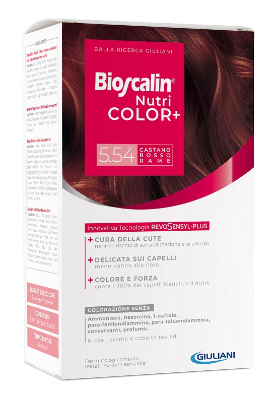 BIOSCALIN NUTRICOLOR PLUS 5,54 CASTANO ROSSO RAME CREMA COLORANTE 40 ML + RIVELATORE CREMA 60 ML + SHAMPOO 12 ML + TRATTAMENTO FINALE BALSAMO 12 ML - farmavitality.it
