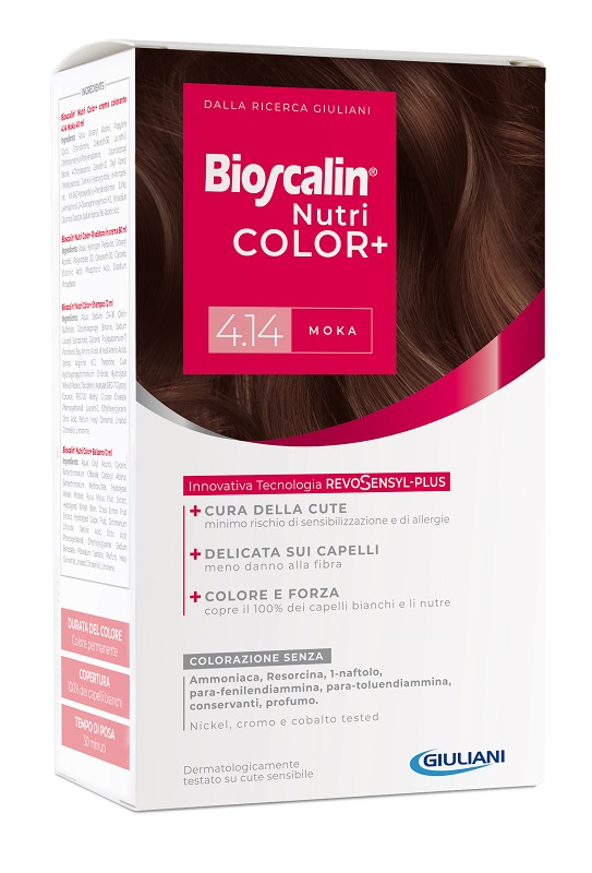 BIOSCALIN NUTRICOLOR PLUS 4,14 MOKA CREMA COLORANTE 40 ML + RIVELATORE CREMA 60 ML + SHAMPOO 12 ML + TRATTAMENTO FINALE BALSAMO 12 ML - farmavitality.it
