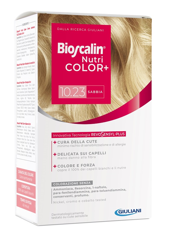 BIOSCALIN NUTRICOLOR PLUS 10,23 SABBIA CREMA COLORANTE 40 ML + RIVELATORE CREMA 60 ML + SHAMPOO 12 ML + TRATTAMENTO FINALE BALSAMO 12 ML - farmavitality.it