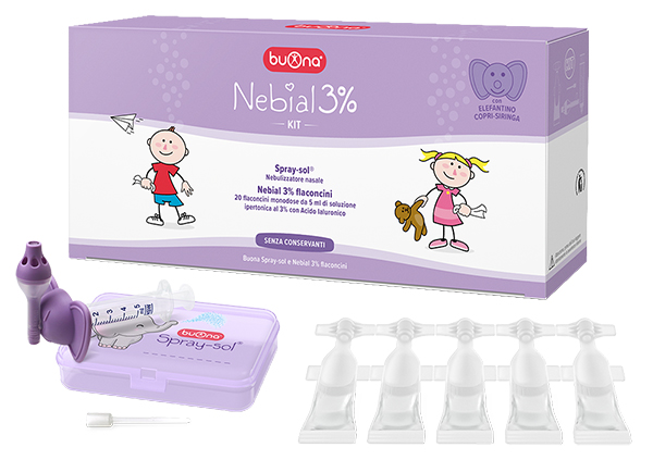 NEBIAL 3% KIT 20 FLACONCINI MONODOSE 5ML SOLUZIONE IPERTONICA CON ACIDO IALURONICO + NEBULIZZATORE SPRAY-SOL - farmavitality.it
