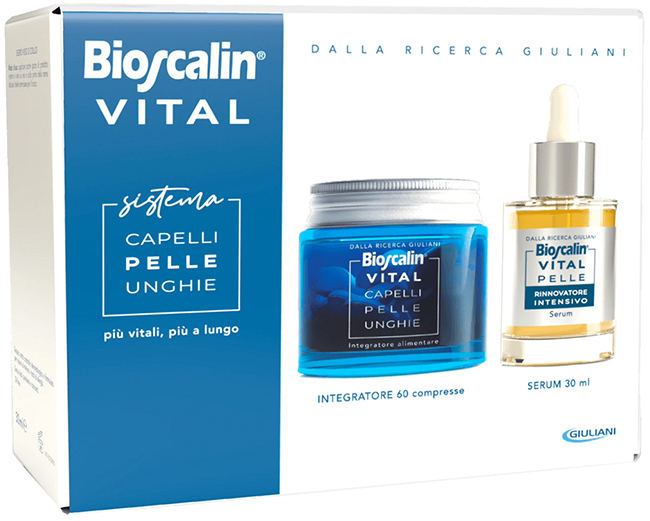 BIOSCALIN VITAL SISTEMA CAPELLI PELLE & UNGHIE BIOSCALIN CAPELLI PELLE & UNGHIE 60 COMPRESSE + SIERO RIGENERANTE VISO 30 ML - farmavitality.it