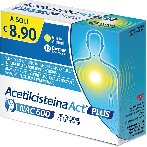ACETILCISTEINA ACT PLUS NAC 600 12 BUSTINE EFFERVESCENTI AGRUMI - farmavitality.it