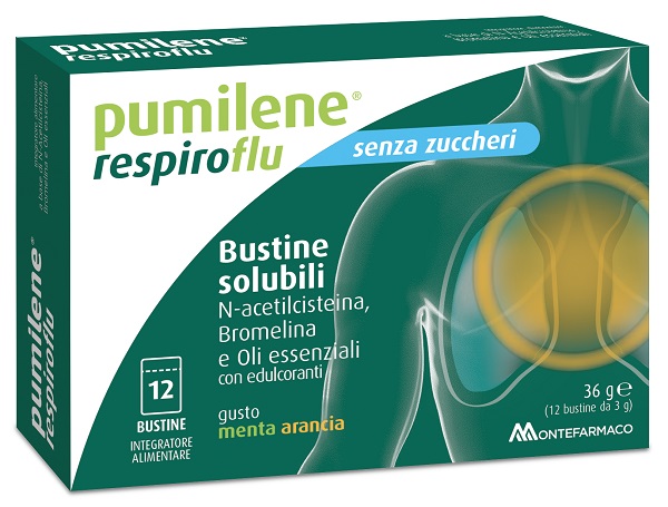 PUMILENE RESPIROFLU SENZA ZUCCHERO 12 BUSTINE GUSTO MENTA ARANCIA 36 G - farmavitality.it